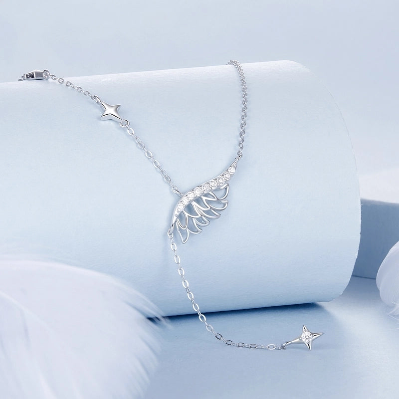 925 Sterling Silver Zircon Cable Chain Plating Feather Pendant Necklace