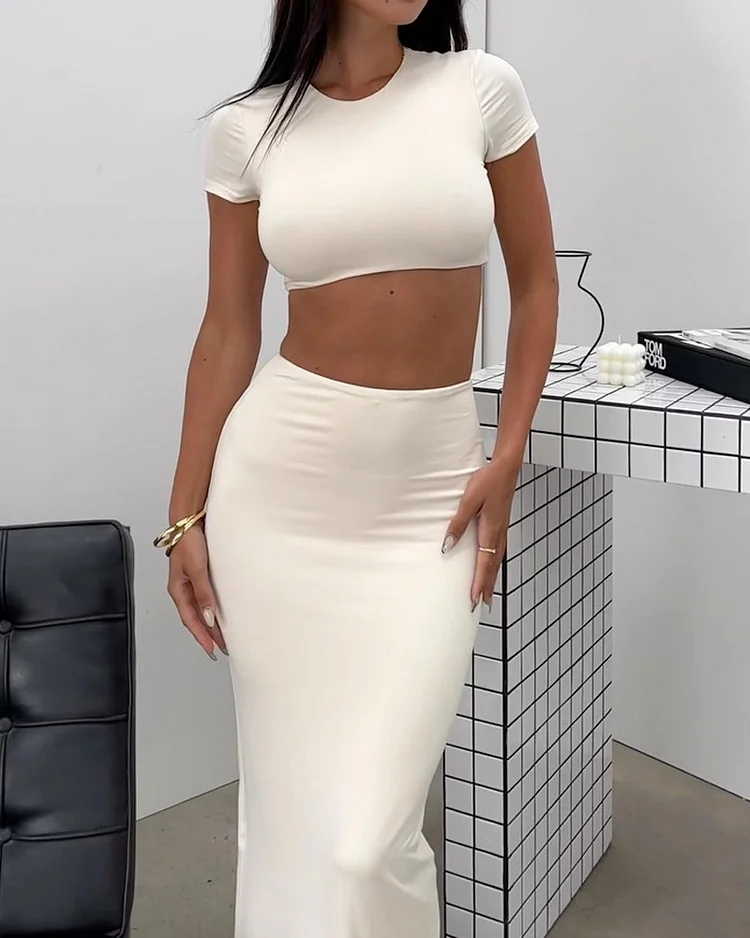 Casual Solid Color Round Neck Top & Skirt Two-Piece Set