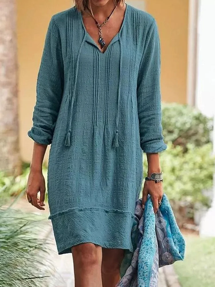 Vintage Long Sleeve Tie-Neck Cotton Dress