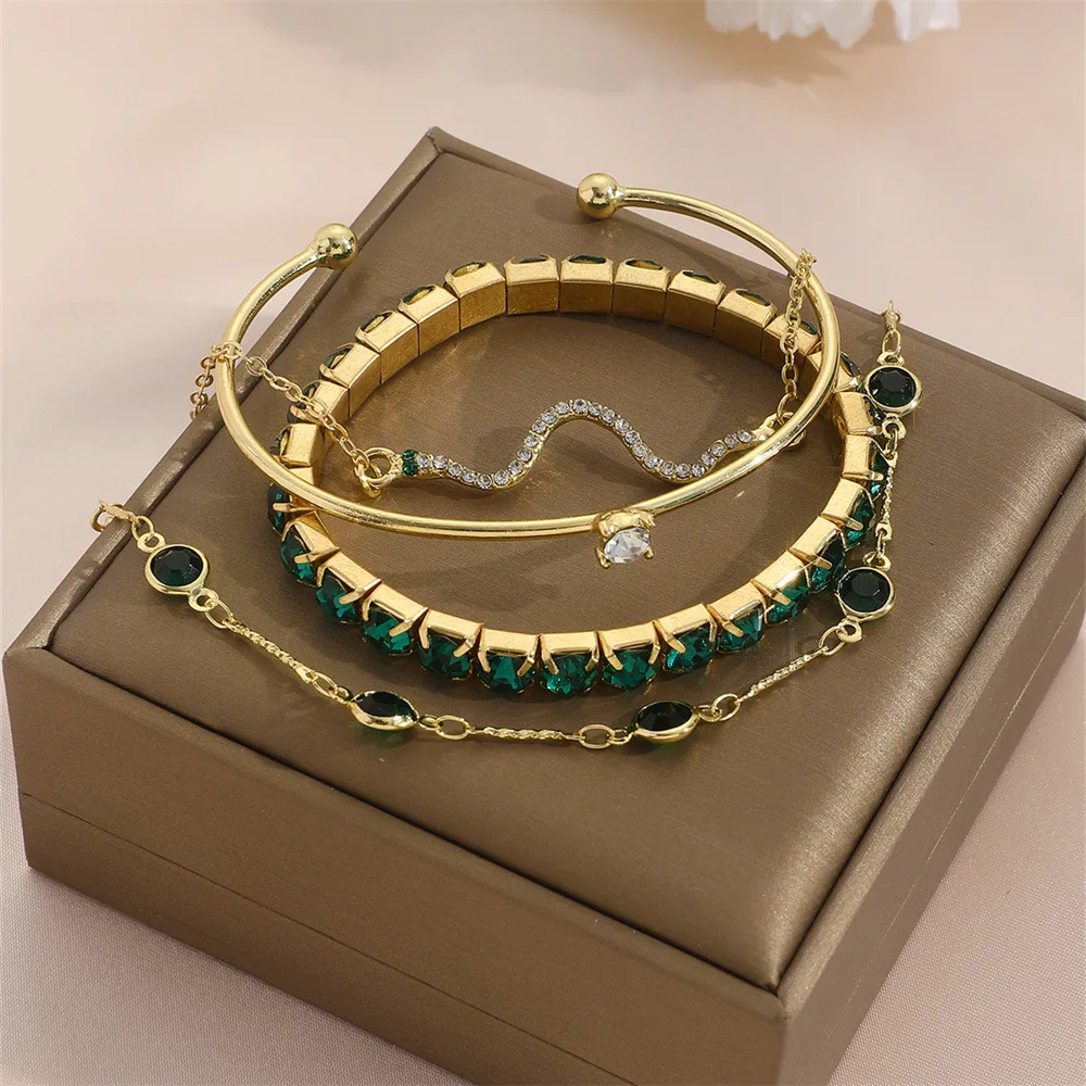 Tegooe 4PCS Stackable Bracelet Set - Rhinestone Snake Green Crystal Charm Bangle