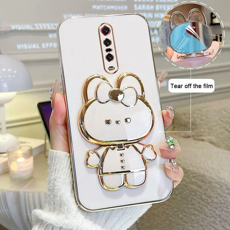 For Xiaomi 9T Pro Phone Case Soft Silicone Plating Cartoon Rabbit Fold Stand Makeup Mirror Bracket Cover