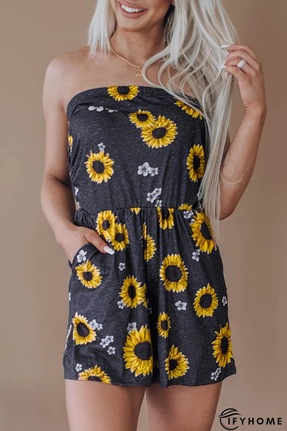 Yellow Floral Print Bandeau Romper with Pockets | IFYHOME
