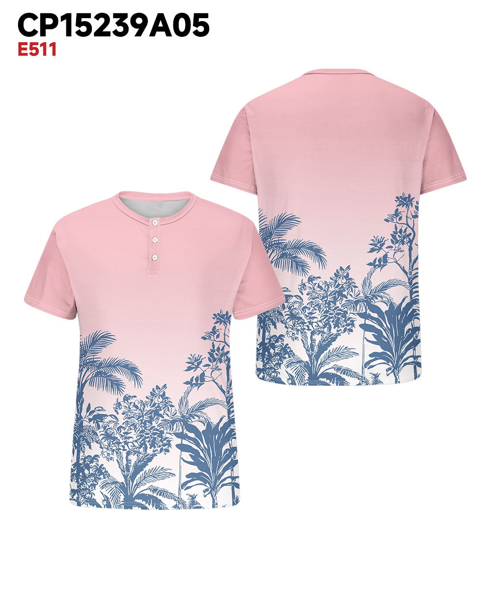 Men's Plus Size Daily Casual Pink Gradient Coconut Tree Print Henry Collar Button Short Sleeve T-Shirt