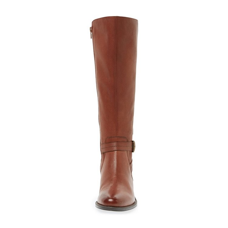 Tan Boots Round Toe Low Heel Textured Vegan Leather Riding Boots |FSJ Shoes
