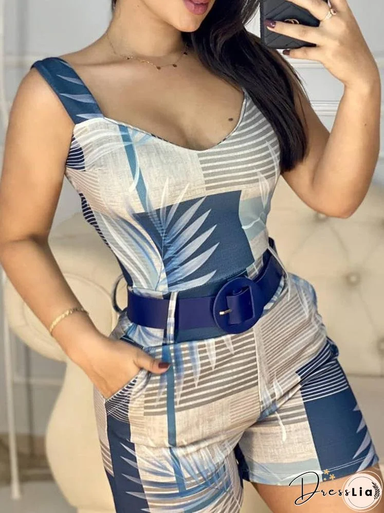 Thick Strap Tropical Print Skinny Romper for Women