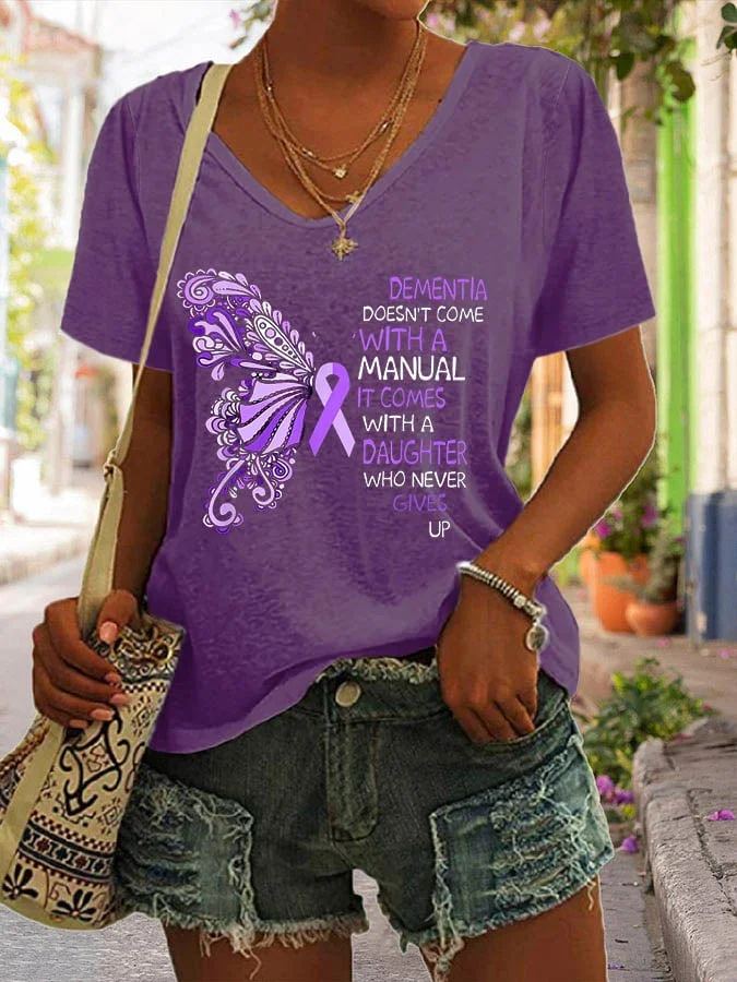 Women Alzheimer Awareness Print V-Neck T-Shirt socialshop