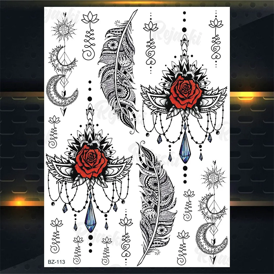 Sdrawing Elephant Pendant Temporary Tattoos For Women Men Lion Butterfly Snake Feather Fake Tattoo Sticker Glamour Back Body Tatoos