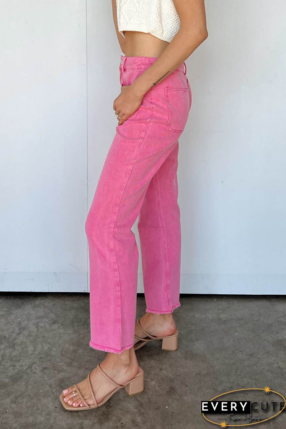 Pink Ankle-length Flare Leg Raw Hem Jeans