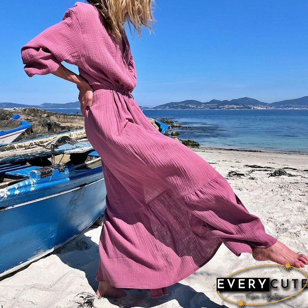 Elegant Casual Solid A-Line Maxi Dress Women Fashion Long Sleeve Drawstring Waist Dress Autumn V-Neck Soft Draped Beach Dresses