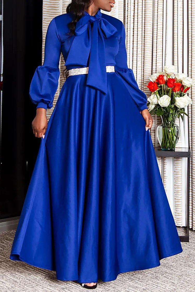 Plus Size Formal Dress Royal Blue Bow Long Sleeves Lantern Sleeve Maxi Dress (Without Belt) 