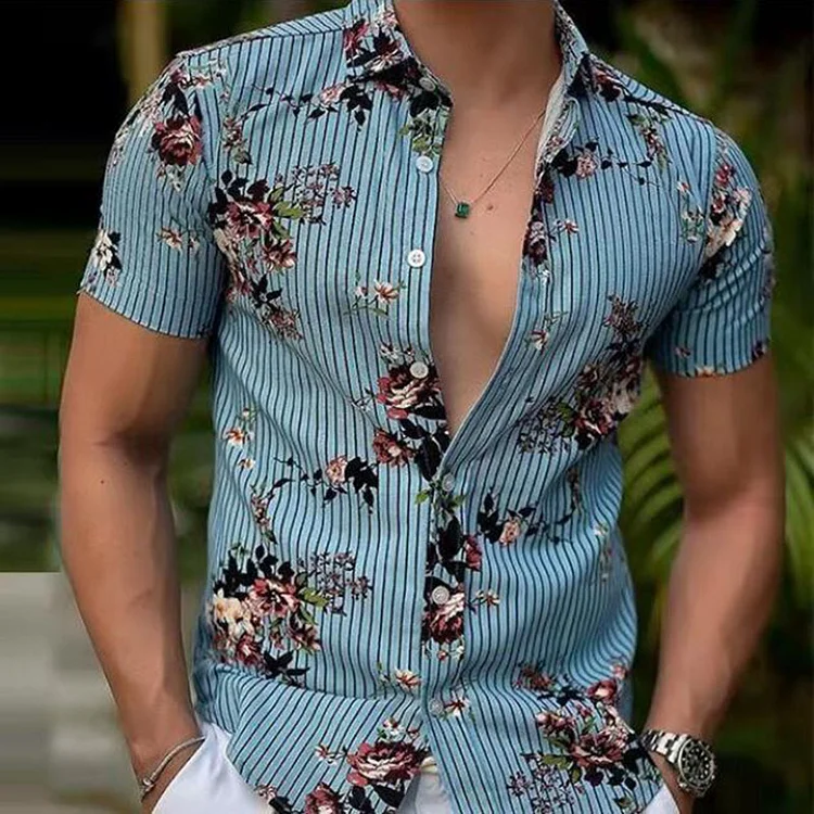 Black Stripe Flower Print Short-Sleeved Hawaiian Men's Shirts in Blue at Hiphopee