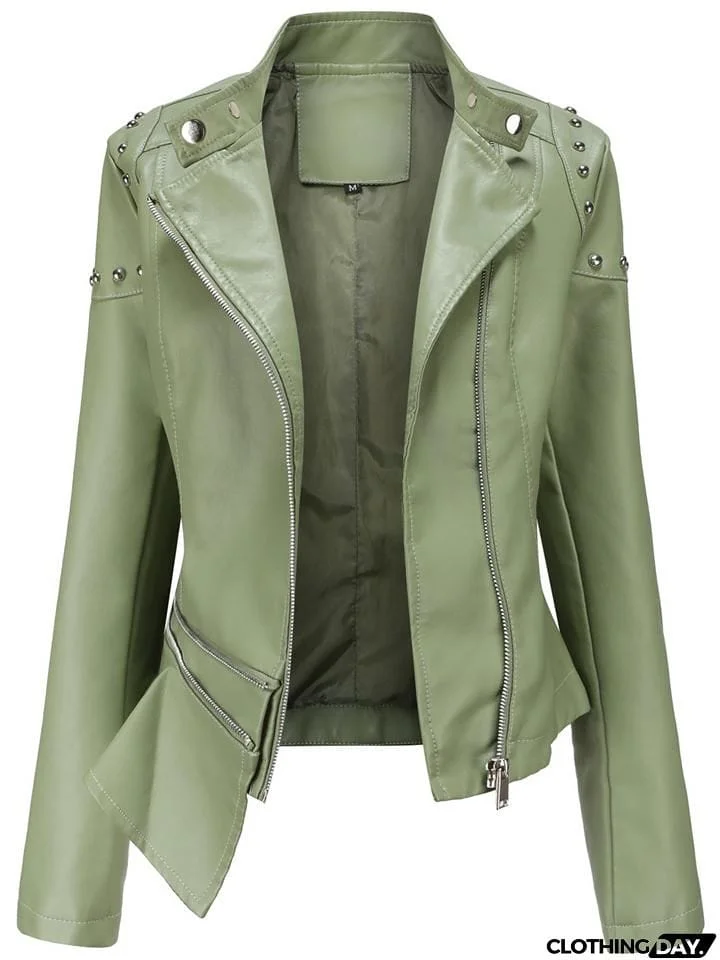 Women's Fashion Solid Color Stand Collar PU Jackets