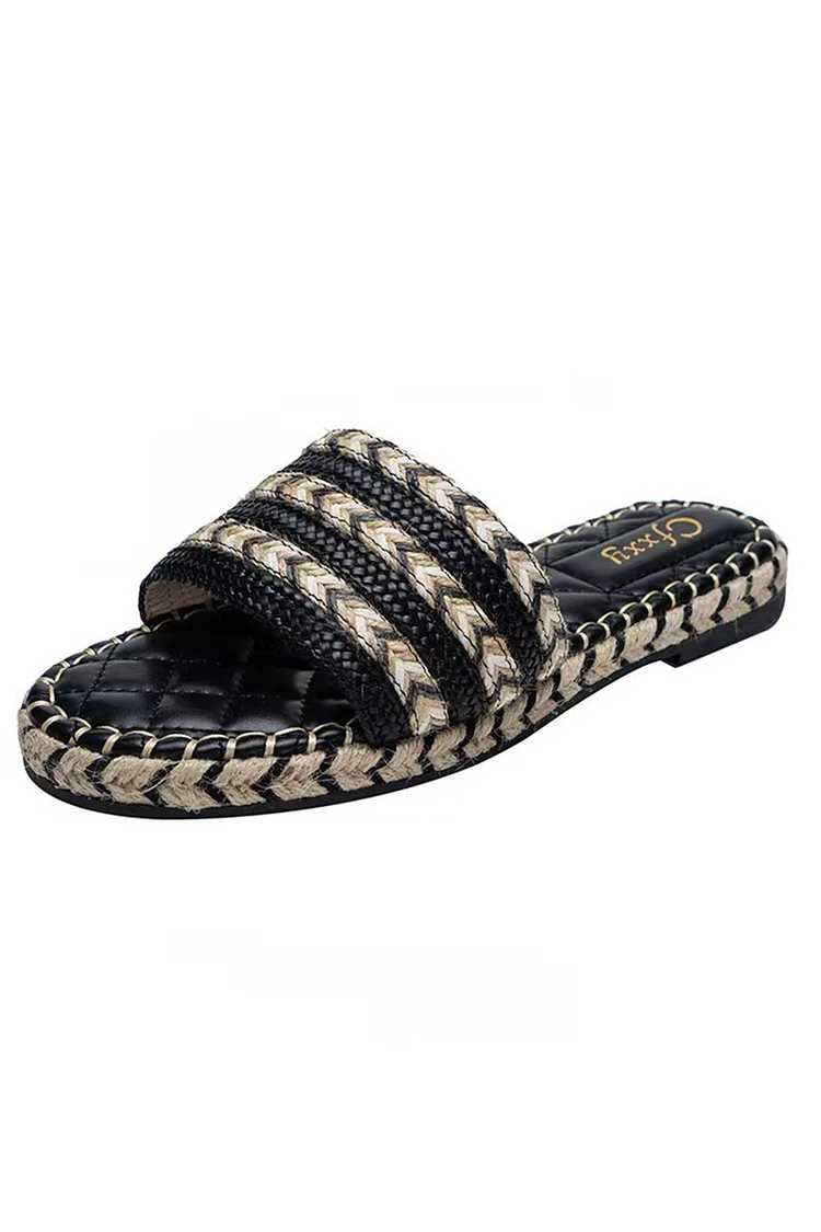 Colorblock Crochet Patchwork Seam Round Toe Slippers-Black