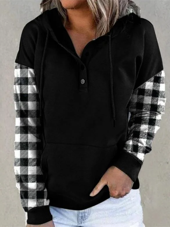 Women Long Sleeve Hooded Plaid Stitching Top