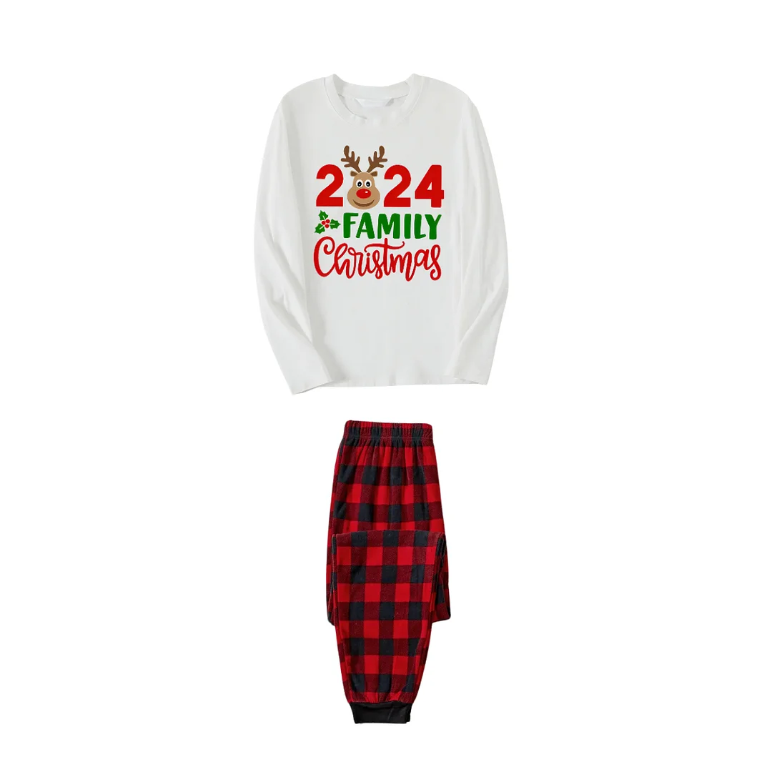 "2024 Family Christmas" and Deer Printed Red & Black Plaid Family Matching Pajamas