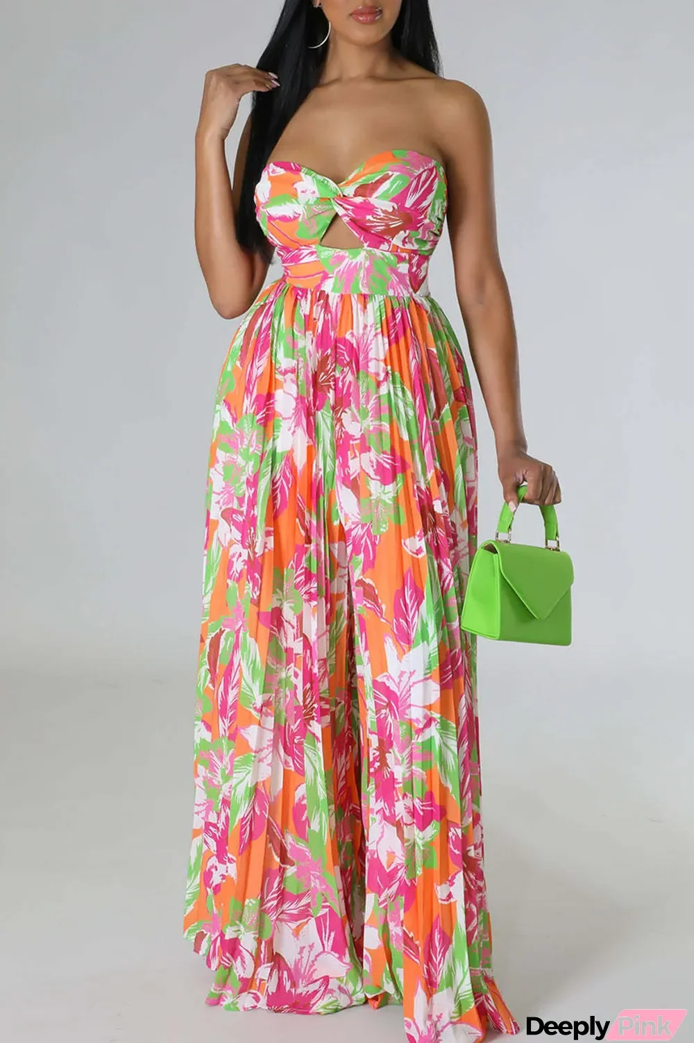 Orange Green Sexy Print Patchwork Fold Strapless Straight Jumpsuits