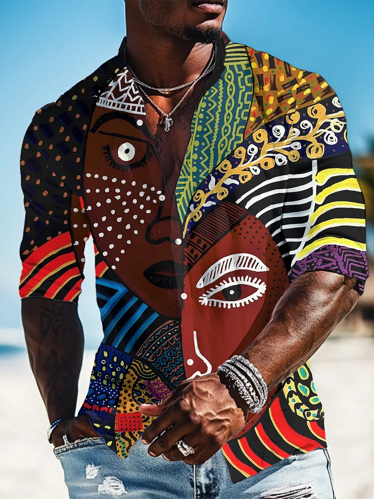 Men's Vintage Aborigines Tribal Print Long Sleeve Shirt