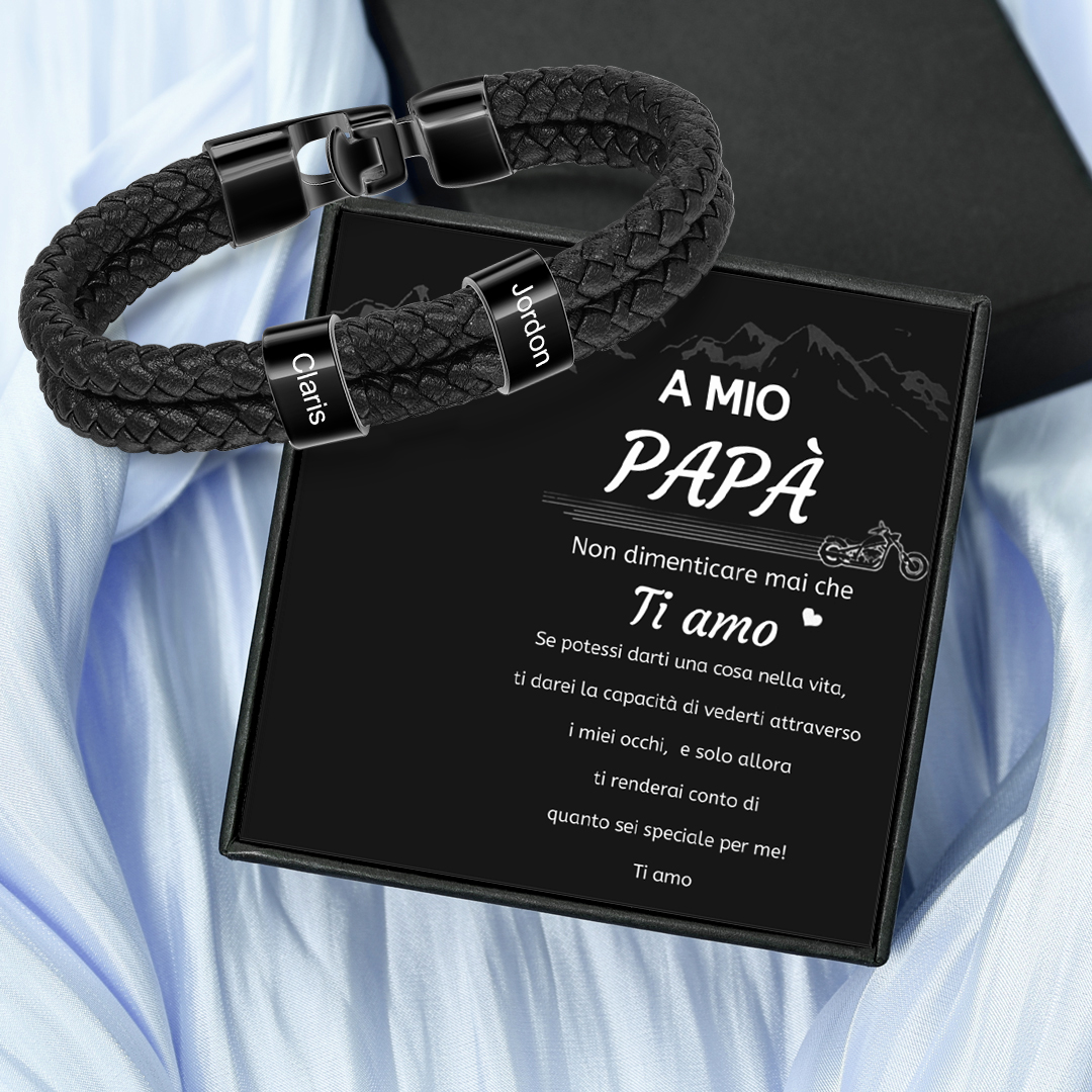 A MIO PAPÀ-Braccialetto di pelle intrecciatta con 2 nomi personalizzati di perline regalo per la festa del papà