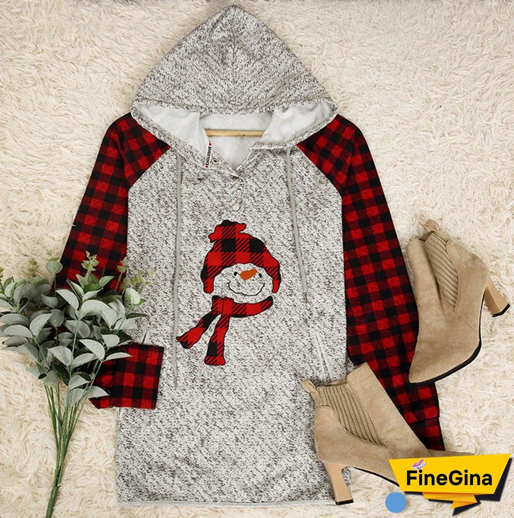 Red and Black Plaid Snowman Buttoned Long Sleeve Sweatshirt