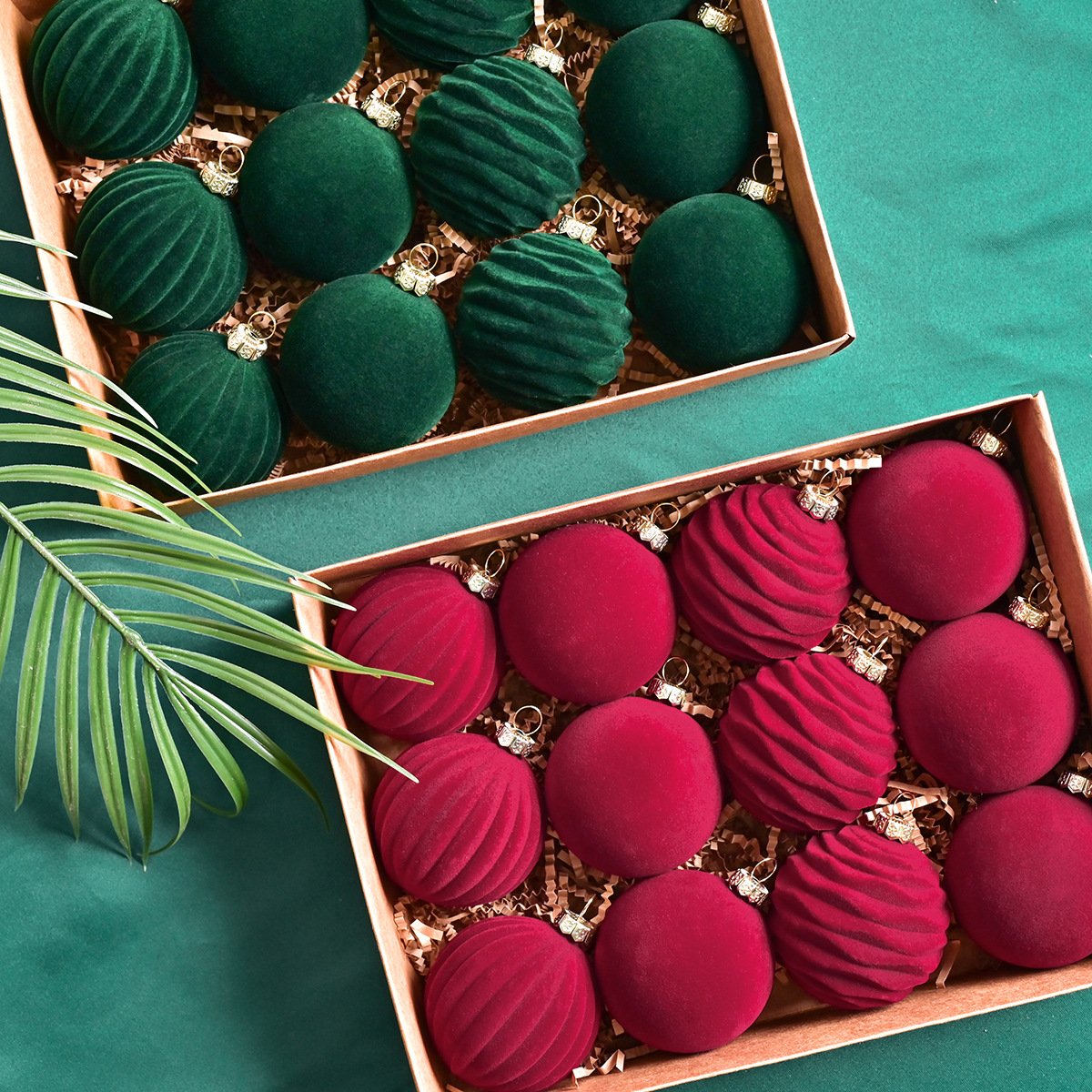Both red and green velvet ornament sets