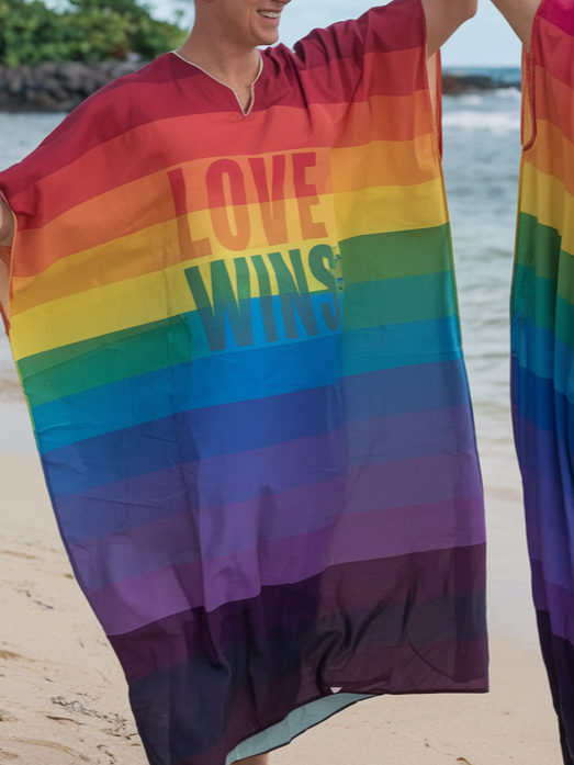 LOVE WINS Gay Couple Valentine V-neck Men Kaftan Long Caftan