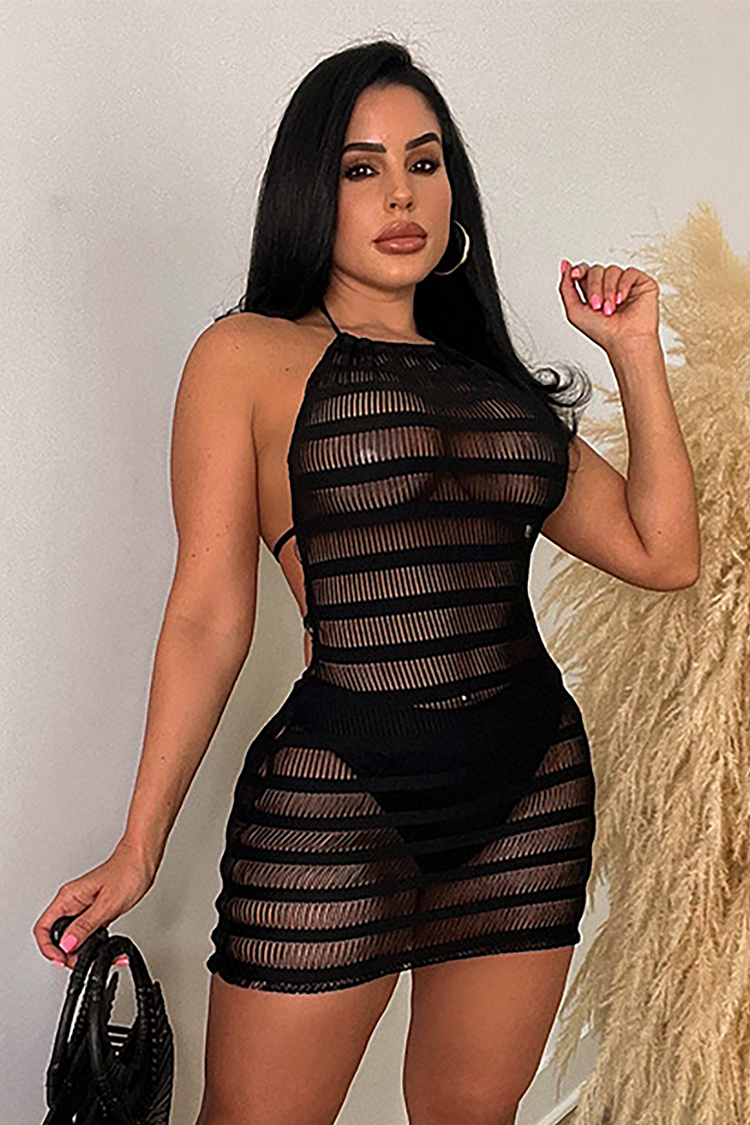 Knit Striped Halter Open Back See Through Party Mini Dresses-Black