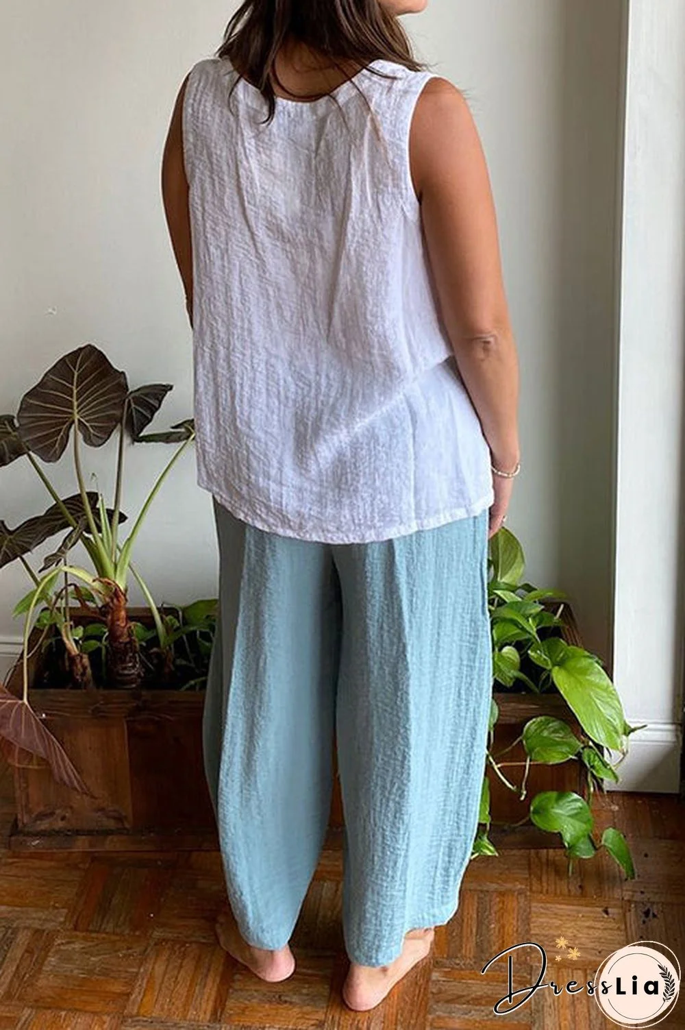 Solid O Neck Tank Pants Set