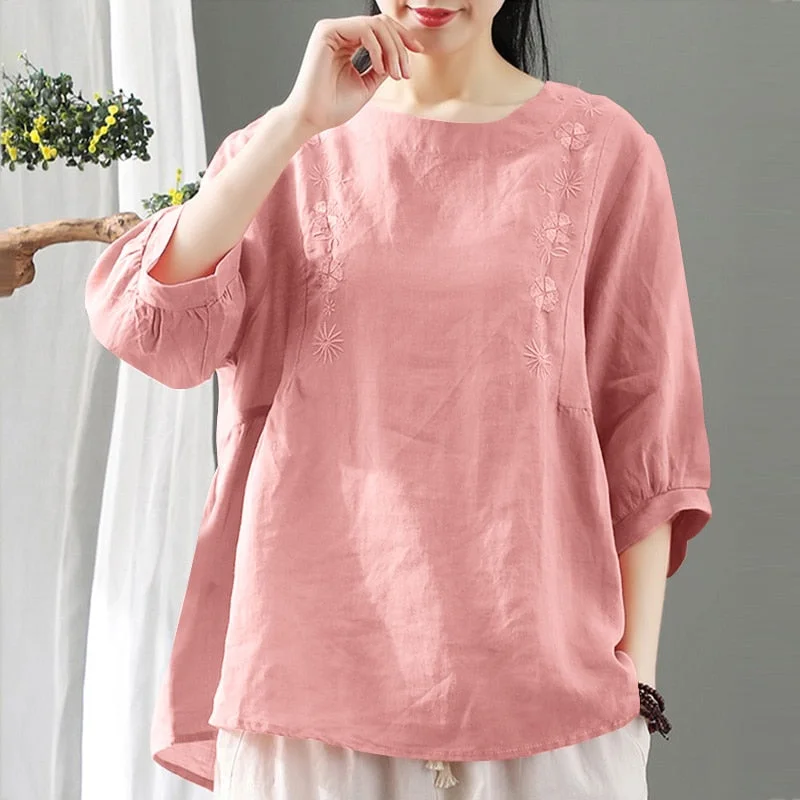 ZANZEA Women Vintage 3/4 Sleeve Cotton Tops Elegant Floral Shirt Casual Solid Work Blusas Oversize Summer Embroidery Blouse