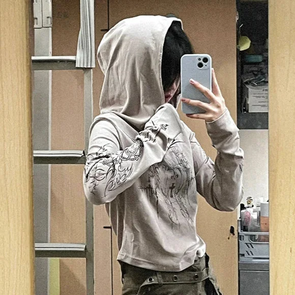 Tlbang Grunge Punk Graphic T Shirts Women Harajuku Techwear Y2K Hooded Crop Tops Vintage Casual Long Sleeve Tees Kpop Gothic
