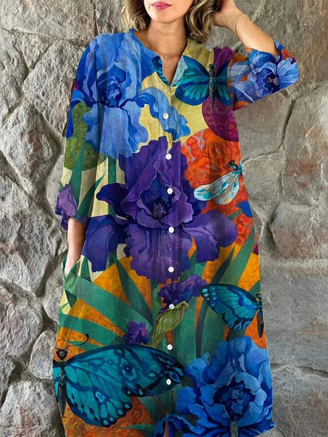 Women's Art Botanical Floral Print Single Breasted Dress