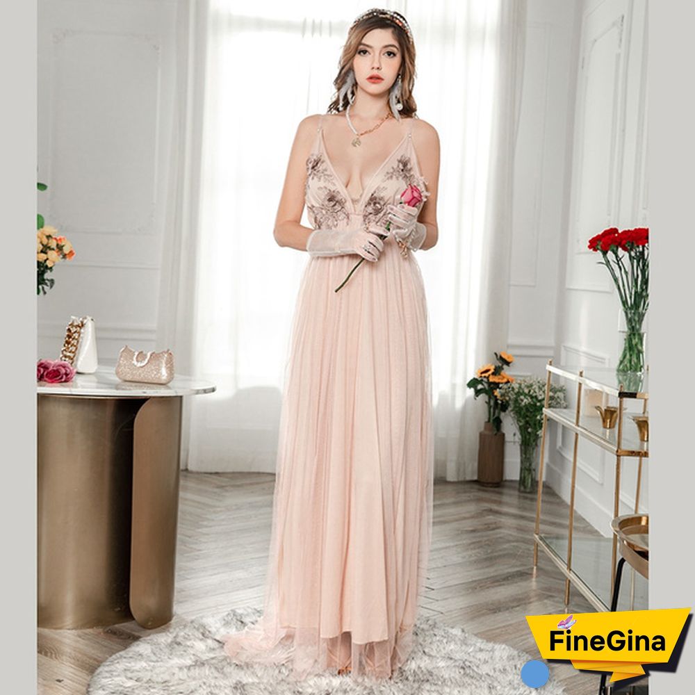 Fashion Plunging Neck Backless Flower Wedding Mesh Dress