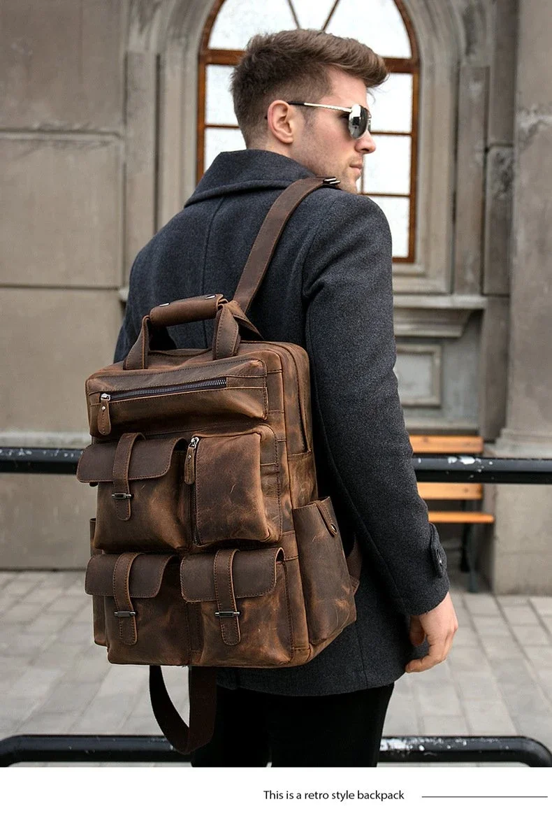 Crazy horse leather tactical business backpack
