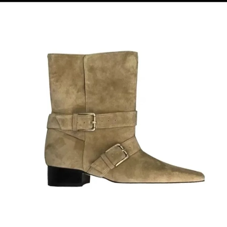 Yyvonne New Autumn Korean Version Of The Sharp-Headed Velvet Belt Buckle Boots Coarse And Middle Heels Brown Western Cowboy Boots