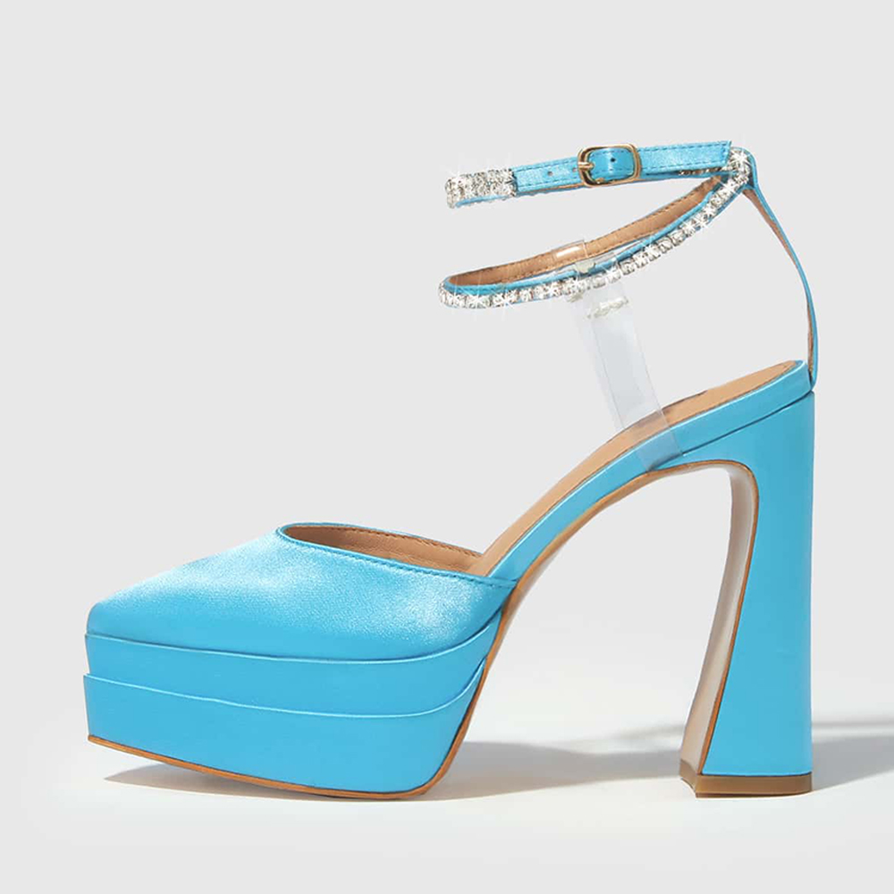 Blue Satin Closed Pointed Toe Platform Pumps With Rhinestone Decorated ...