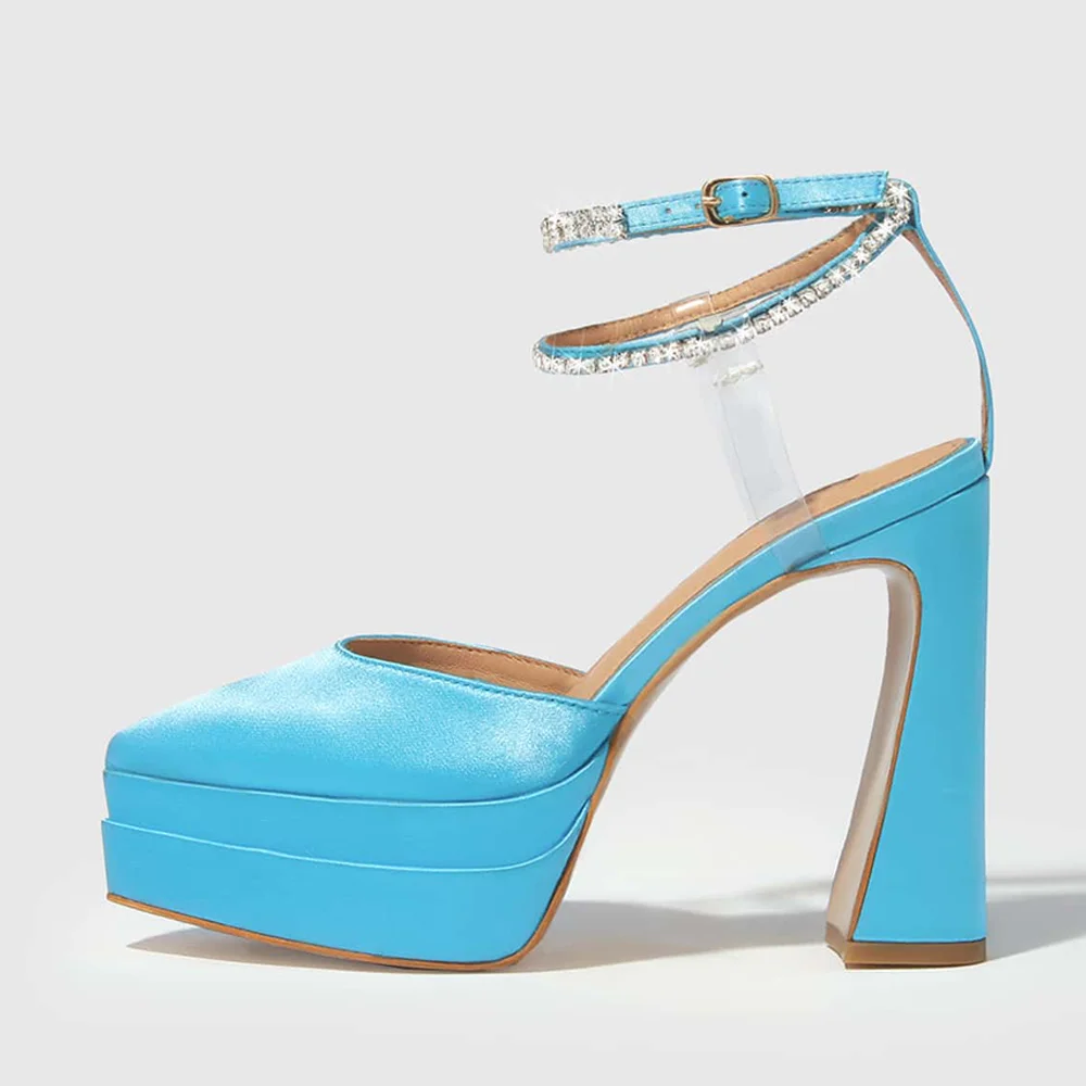 Blue Satin Closed Pointed Toe Platform Pumps With Rhinestone Decorated Ankle Strap Buckle Chunky Heels Nicepairs