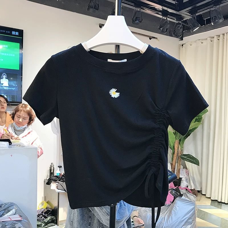Summer Short Floral Printed Short Sleeve Tees Adjustabale Drawstring Round Neck Shotr T-shirts Slim Casual Fashion Tops
