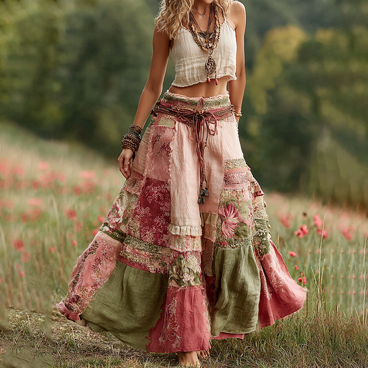 VChics Vintage Boho Rose Floral Patchwork Art Flowy Casual Linen Skirt