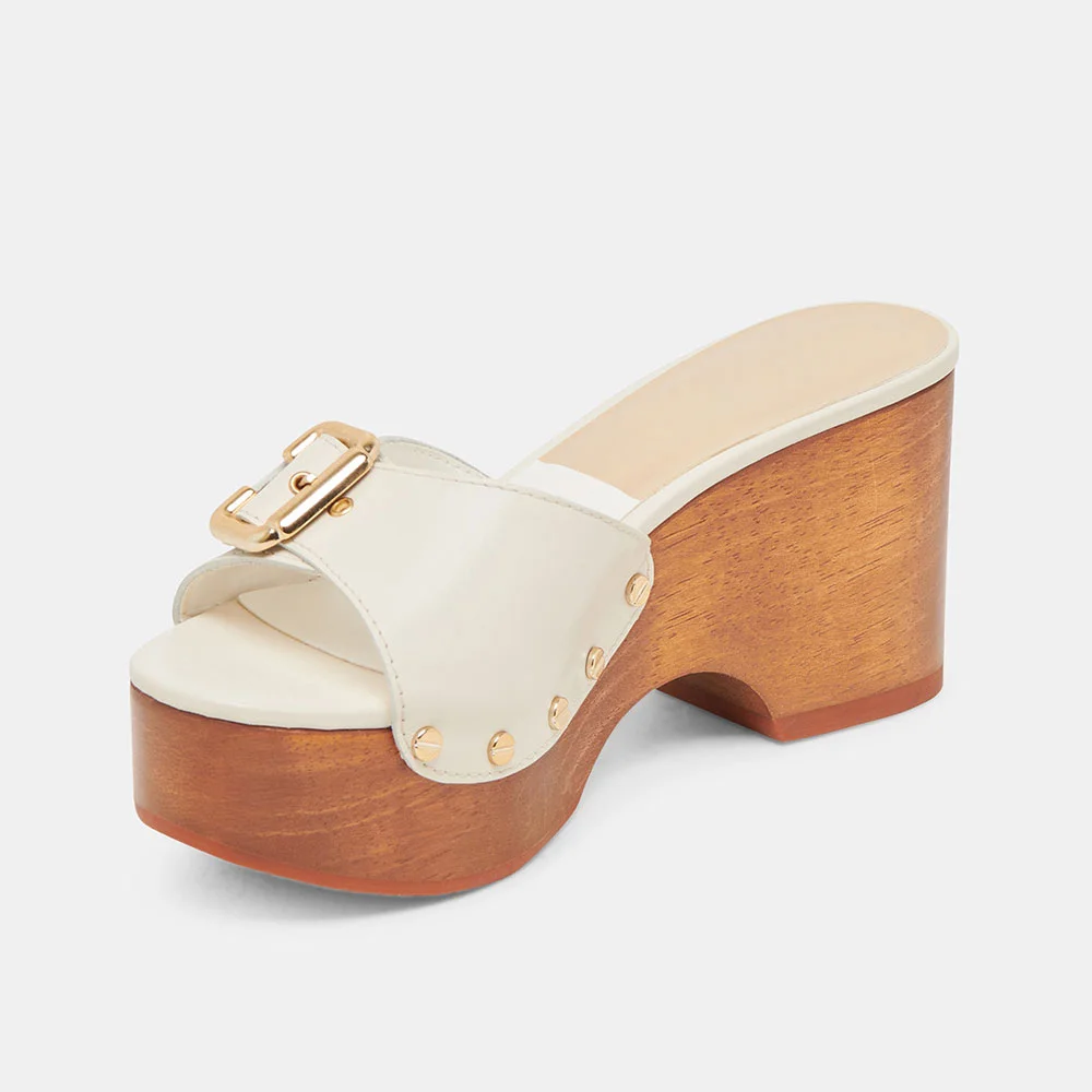 White Open Round Toe Studded Platform Mules Sandals with Buckle