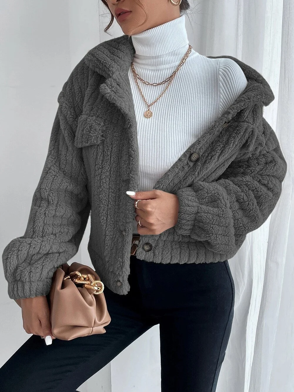 Jangj Winter Female Long Sleeve Urban Warm Casual Short Coats Women Solid Color Office Elegant Tops