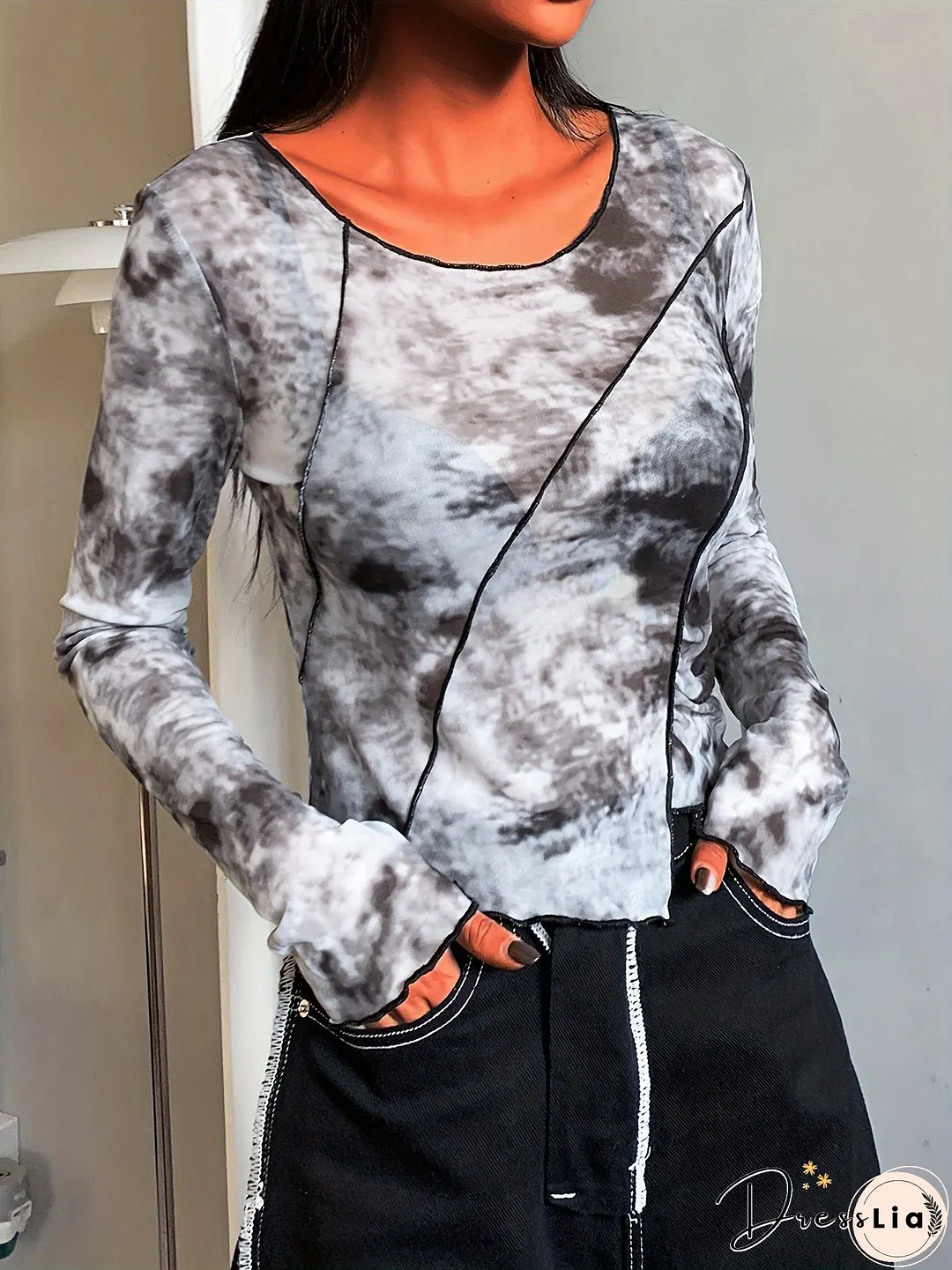 All Over Print Irregular Hem Mesh T-Shirt Casual Long Sleeve Top For Spring Summer Womens