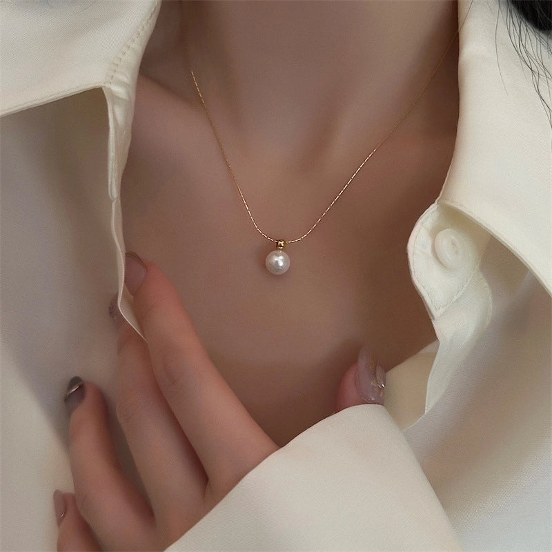 Elegant Minimalist Round Titanium Steel Artificial Pearls Inlay Pendant Necklace