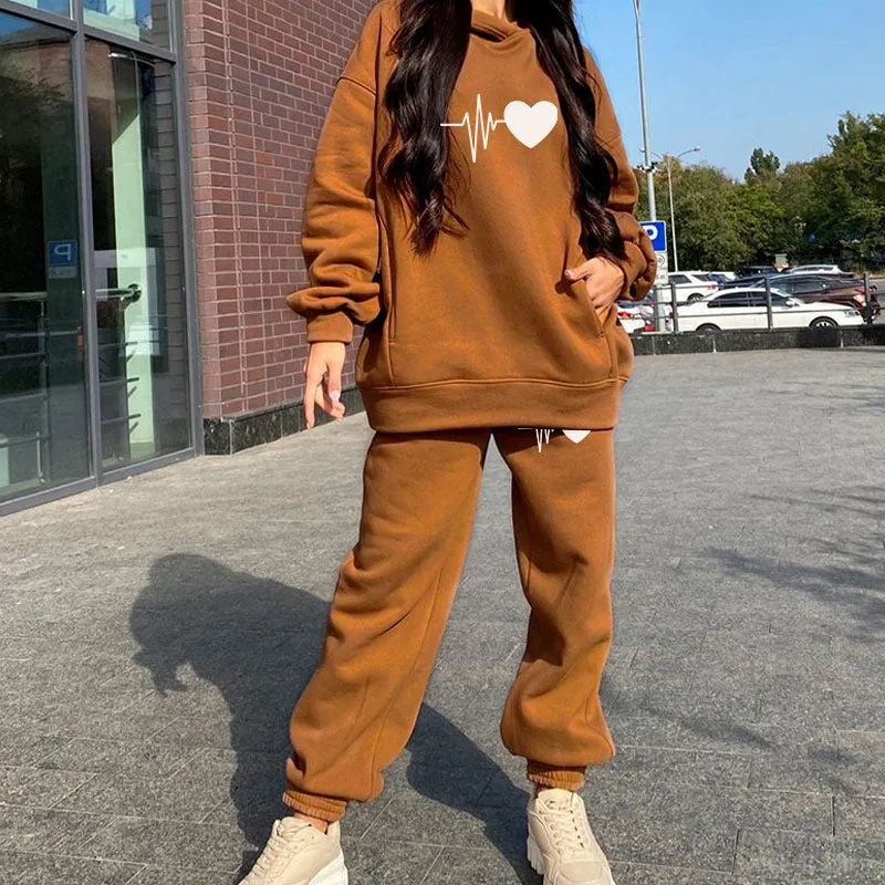 Oversize Heart Printed Fleece Women's Tracksuit Hoodies 2 Piece Set Sweatshirt + Pants Women Sport Suit Winter Sportswear