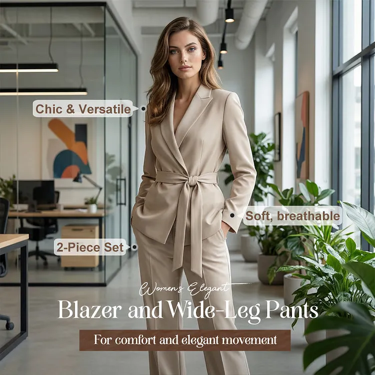 ⏳Sconto del 50% per un periodo limitato⏰ Set completo da donna composto da elegante blazer con cintura in vita e pantaloni a gamba larga👔👖