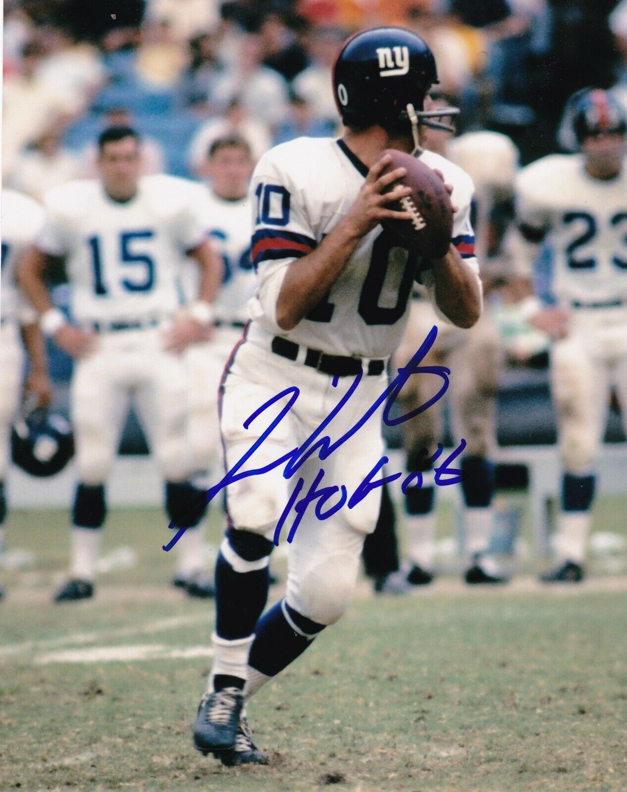 FRAN TARKENTON NEW YORK GIANTS HOF 86 ACTION SIGNED 8x10 Photo Poster painting