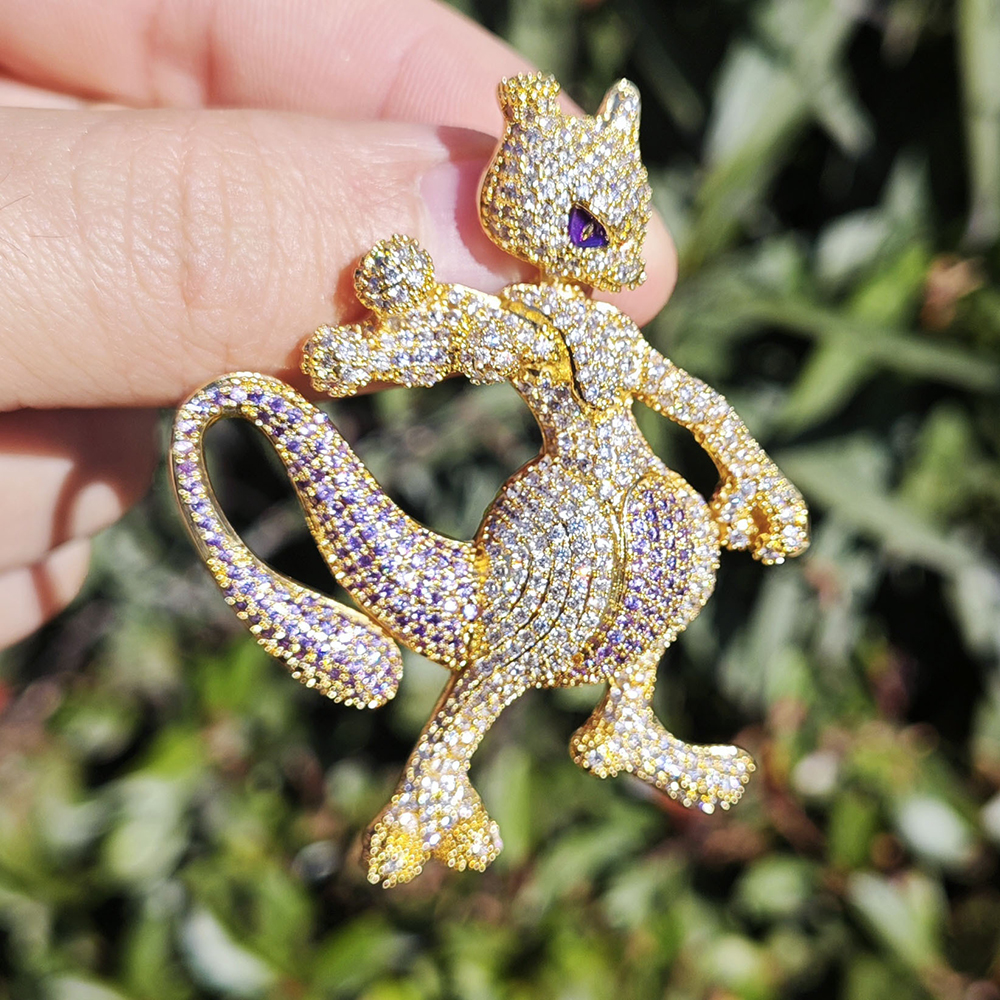 Anime Mewtwo Gold/Silver Iced Out CZ Stone Pendants