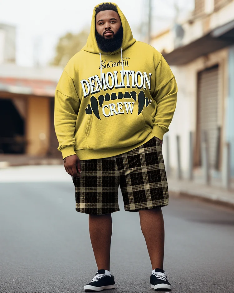 Men's Plus Size Hip Hop Demolition Crew Graffiti Hoodie Shorts Two Piece Set