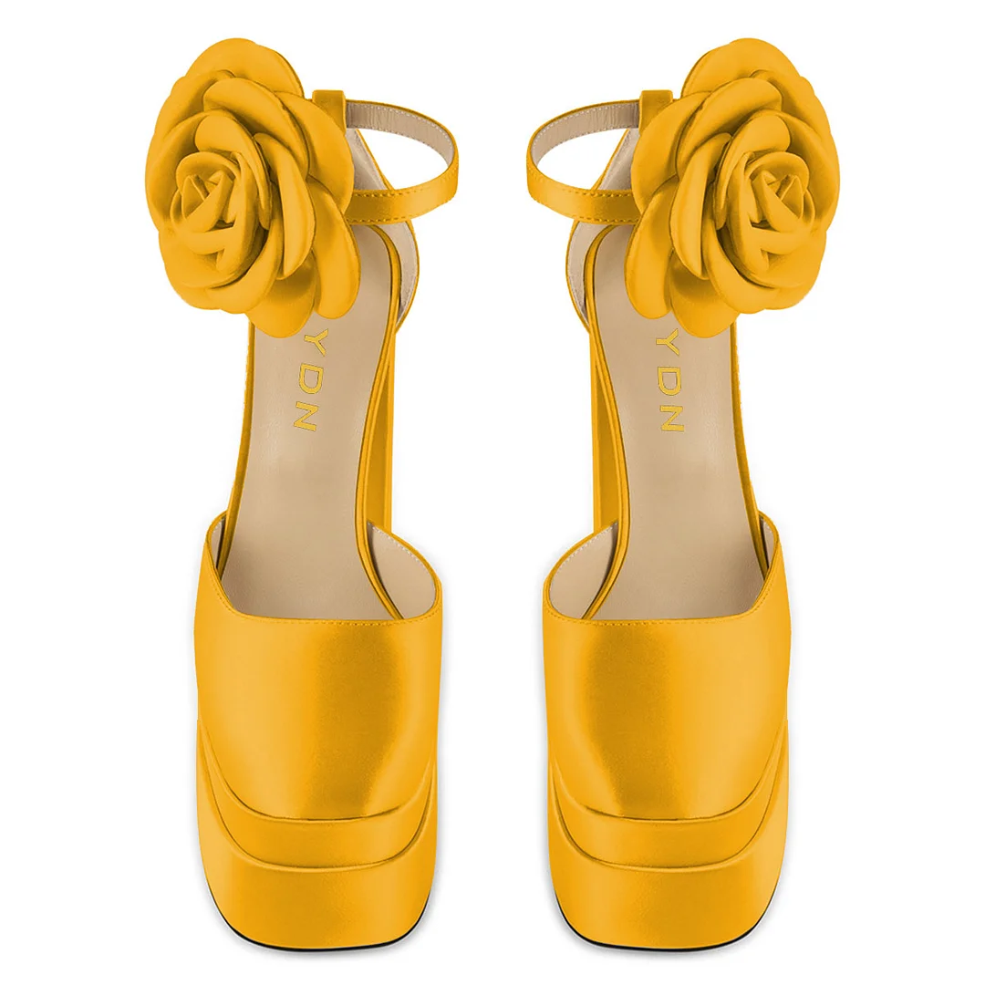 Yellow Satin Flower Ankle Strap Square Toe Chunky Heels with Platform
