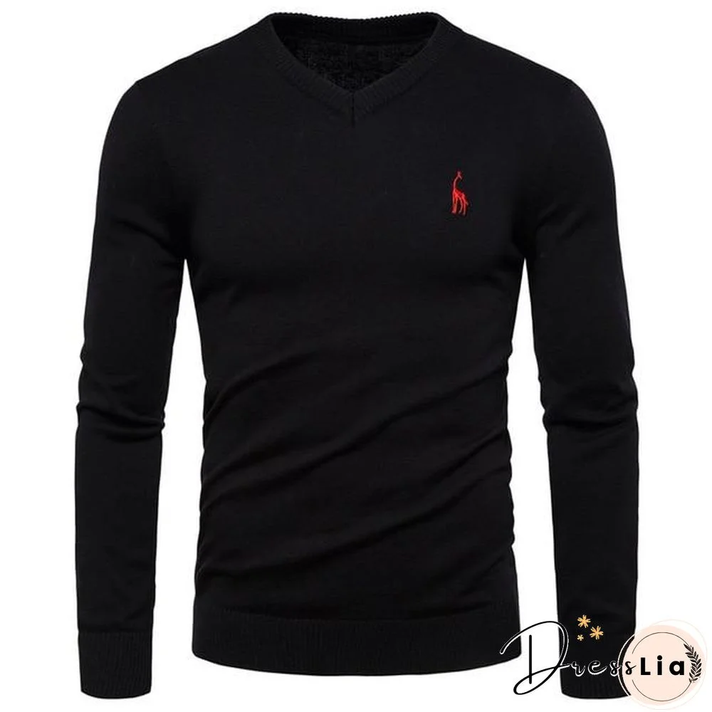 Autumn Winter Brand Quality 100% Cotton Mens Sweaters V Neck Pullovers Men Solid Embroidery Sweater