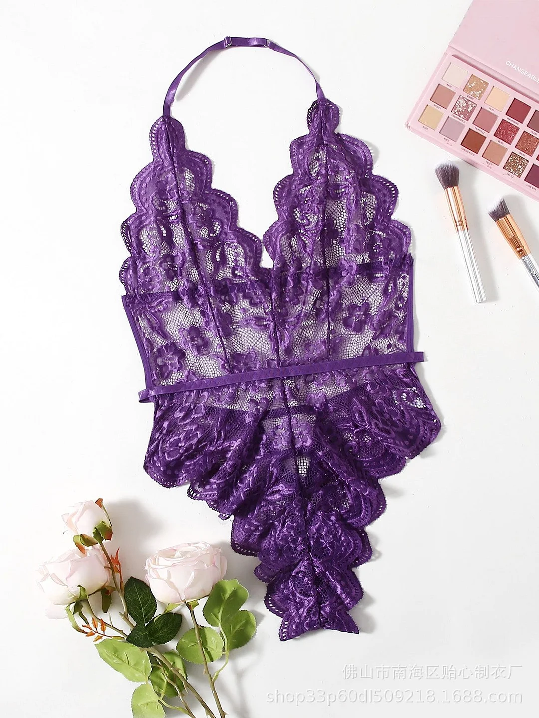Lingerie Neck Hanging Backless Flower Lace Bodysuit