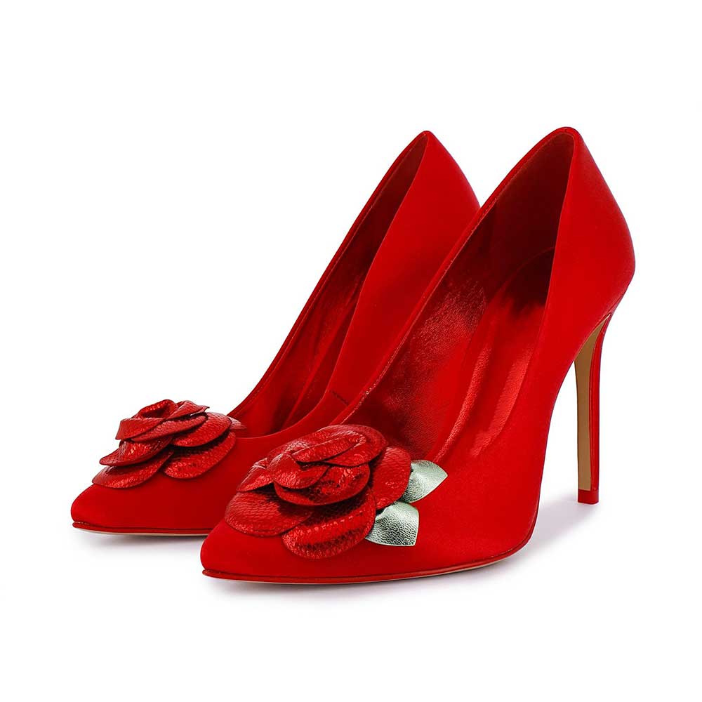 Red Satin Pointed Toe 4'' Stiletto Heel Rose Sophisticated Pumps Nicepairs